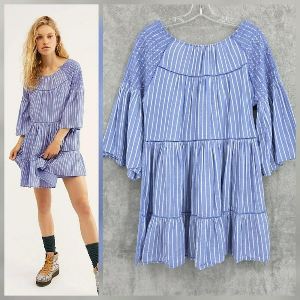 Free People Lola Embroidered Mini Dress S Blue White Stripes Cutout Back Tassels